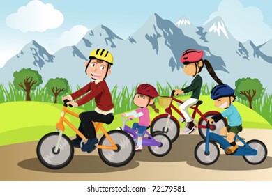 A vector illustration of a family biking together in a rural area