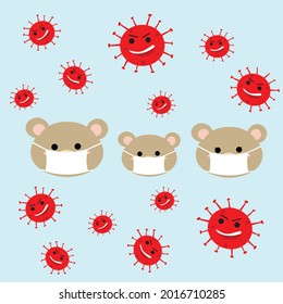 Vector illustration of a family of brown bears wearing masks to protect them from the coronavirus that surrounds them on blue background