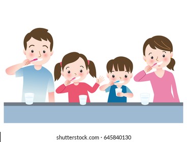 Vector illustration of Family Brushing Their Teeth Together Before Bedtime