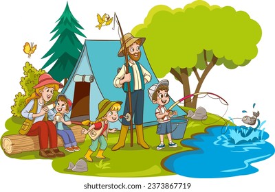 vector illustration of family camping and fishing