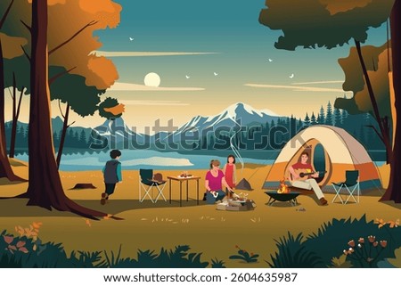 A vector illustration of Family Camping Outdoor in the Summer