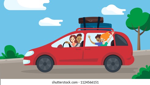 Vector illustration of the family in the car. Illustration of the traveling family.