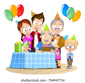 Vector illustration of family celebrating birthday together. Grandfather birthday. Big happy family portrait. Isolated on the white background