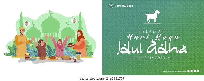 Ilustración vectorial de la familia que celebra eid al adha mubarak comiendo juntos. Feliz Anuncio de Eid al Adha. Hari Raya Idul Adha 1445 H Anuncio. 