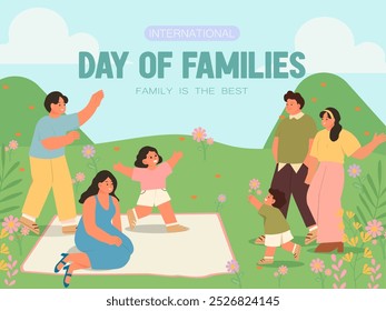 A Vector illustration of a family celebrating the International Day of Families outdoors, enjoying quality time on a picnic mat, surrounded by hills and flowers under a clear sky.