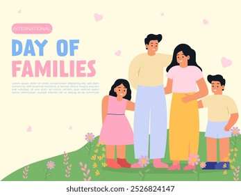 A Vector illustration of a family celebrating the International Day of Families, standing together on a grassy patch, surrounded by flowers with a soft pastel background.