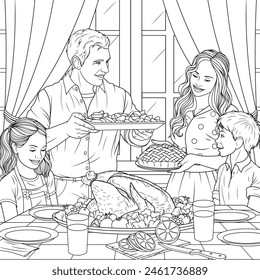 Vector illustration, family celebrating thanksgiving day, coloring book