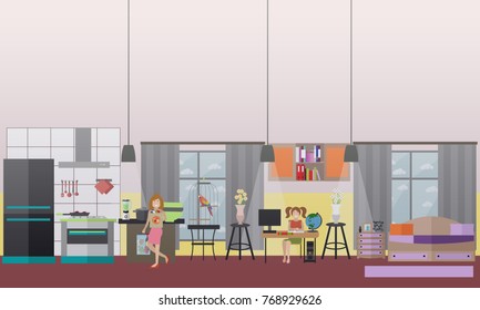 Vector illustration of family characters engaged in domestic chores. Mother holding bags with groceries and her cute daughter doing homework. Home interior. Flat style design.
