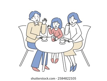 Vector illustration of a family chatting at the table. Mom, dad, daughter and drinks. Simple hand drawn illustration.