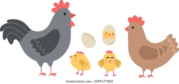 Ilustración vectorial de una familia de pollos. Conjunto de aves domésticas en estilo plano	