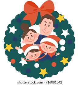 Vector Illustration Of A Family With Christmas Wreath