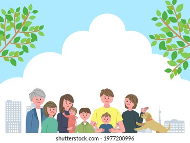 Vector illustration of family in city. blue sky background