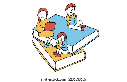 Vector illustration of family concept. Reading book and using laptop PC.