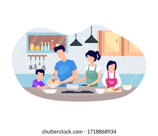 Vector illustration Family cooking together. Happy Family Cooking Food In The Kitchen Together. Vector illustration in flat style