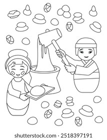 Ilustração vetorial de um casal de família de bonecas kokeshi fazendo mochi massa de arroz. As bonecas Kokeshi cozinham bolos de arroz tradicionais e sobremesas de mochi. Página de cores