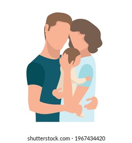 Vector illustration of a family couple tenderly and caringly hugging their newborn baby on a white background. Family day, loving parents, happy childhood, childbirth.