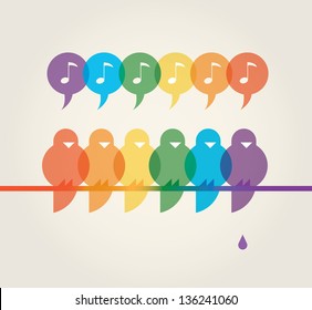 Vector illustration of family of cute rainbow color singing birds on a tree with poop