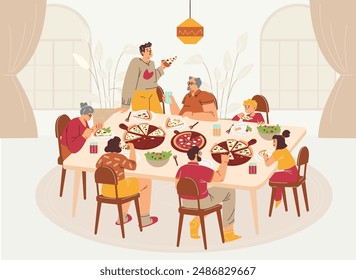 Vector illustration of a family dinner in a cafe: parents, children, grandparents enjoying delicious pizza and salads, ideal for decorating a pizzeria