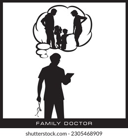 Vector illustration for the Family Doctor theme with a doctor and a family of four.