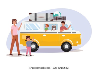 Vector illustration of a family with a dog going for a road trip by a minivan. Vacation, summer holidays, road trip, destination concept illustration with a family. 