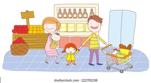  A vector illustration of a family doing grocery shopping