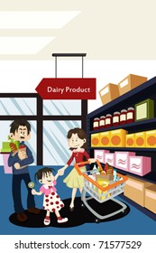 A vector illustration of a family doing grocery shopping