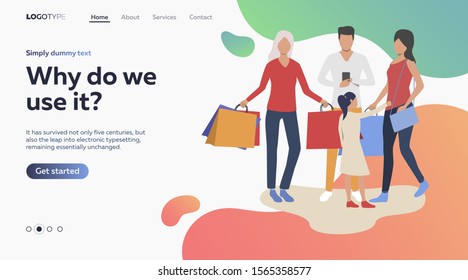 Vector illustration of family doing shopping together. Purchase, clothes, market. Shopping concept for banner, website design or landing web page