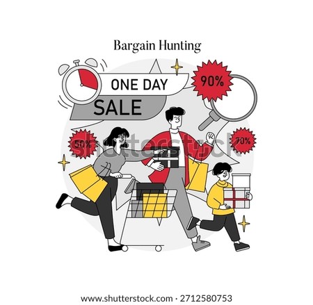 Vector illustration of a family eagerly participating in a one-day sale event. They push a shopping cart and carry shopping bags, highlighting excitement during bargain hunting.