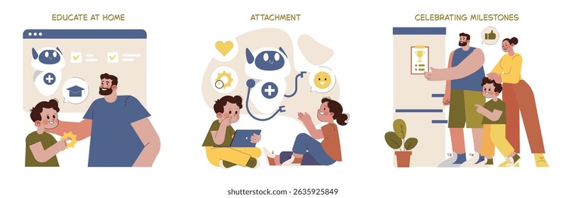 Vector illustration of a family engaged in educational and celebratory activities at home. Parents and children interact joyfully with digital tools for learning and achievement recognition.