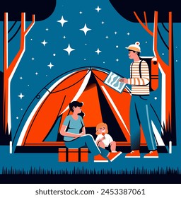 Vector illustration of a family enjoying camping under a starry sky, with a cozy tent and surrounding trees. Ideal for travel and adventure themes.