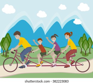 Vector illustration of family enjoying tandem bicycle ride in park outside / Family teamwork on a multiple seat bike / Lifestyle vector flat design/