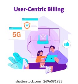 Vector illustration of a family exploring user-centric billing on a tablet. Displays 5G connectivity and secure payments, indicating modern technology use in household.