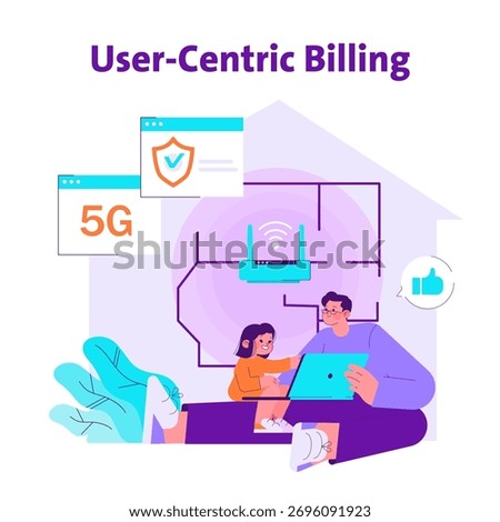 Vector illustration of a family exploring user-centric billing on a tablet. Displays 5G connectivity and secure payments, indicating modern technology use in household.