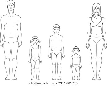 Vector illustration of a family. Father, mother, son and two daughters figure. Human body silhouette. Fashion croquis template for technical drawing. 