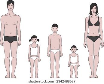 Vector illustration of a family. Father, mother, son and two daughters figure. Human body silhouette. Fashion croquis template for technical drawing. 