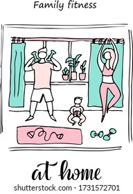 Vector illustration of family fitness at home doodle drawing with lettering for banner, social advertisement, flyer, web design. Handwritten text and graphics for digital use or print