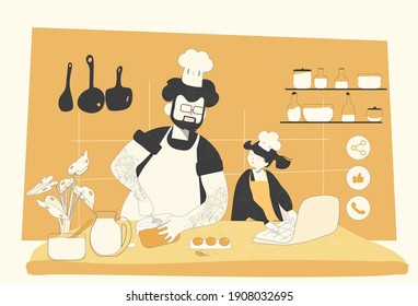 Vector Illustration of family food lifestyle.Father and daughter baking cake by using I.O.T.Happy time and herritage hobbies,modern lifestye focus on wellness.Modern family and food concept.  