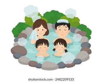 Vector illustration of a family of four entering a hot spring
