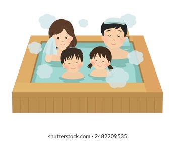 Vector illustration of a family of four entering a hot spring