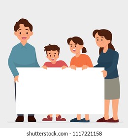 vector illustration family four members father, son, daughter, and mother holding sign or banner, happy together