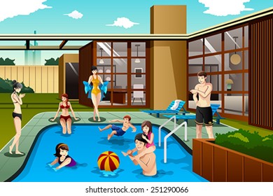 A Vector Illustration Of Family And Friends Spending Time In The Backyard Swimming Pool