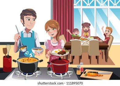 A vector illustration of family getting ready for dinner