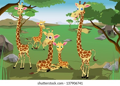 A vector illustration of a family of giraffes in savannah