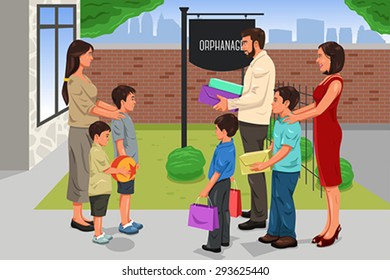 A vector illustration of family giving donation to the orphanage