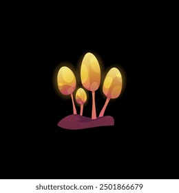 Vector illustration of a family of glowing yellow mushrooms on a black isolated background. Fancy shaped mushrooms in cartoon flat style. Elements for a computer game.