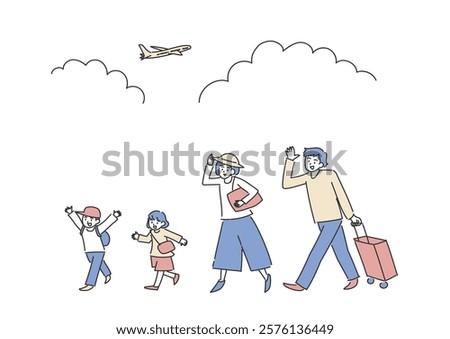 Vector illustration of a family going on a trip. Mom, dad and children walking with bags. Clouds and airplanes in the sky. A simple hand-drawn illustration.
