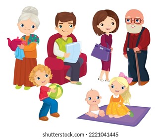 Vector illustration of family with grandparents and children at home