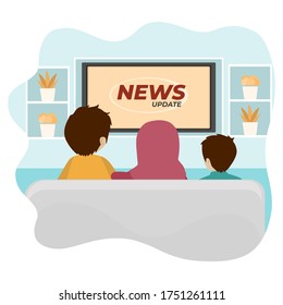 Vector illustration of a family group watching the latest tv news at home in flat design cartoon style. Muslim family activities during the pandemic covid19 