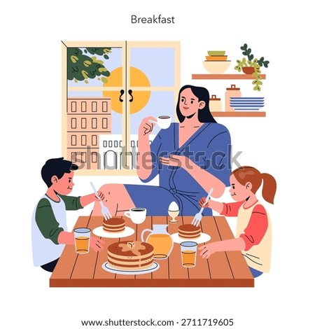 Vector illustration of a family having breakfast together. A parent and two children are sitting at a table with pancakes, coffee, and juice, enjoying a morning meal with happy expressions.