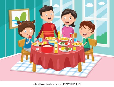 Ilustração Vector De Família Tendo Jantar